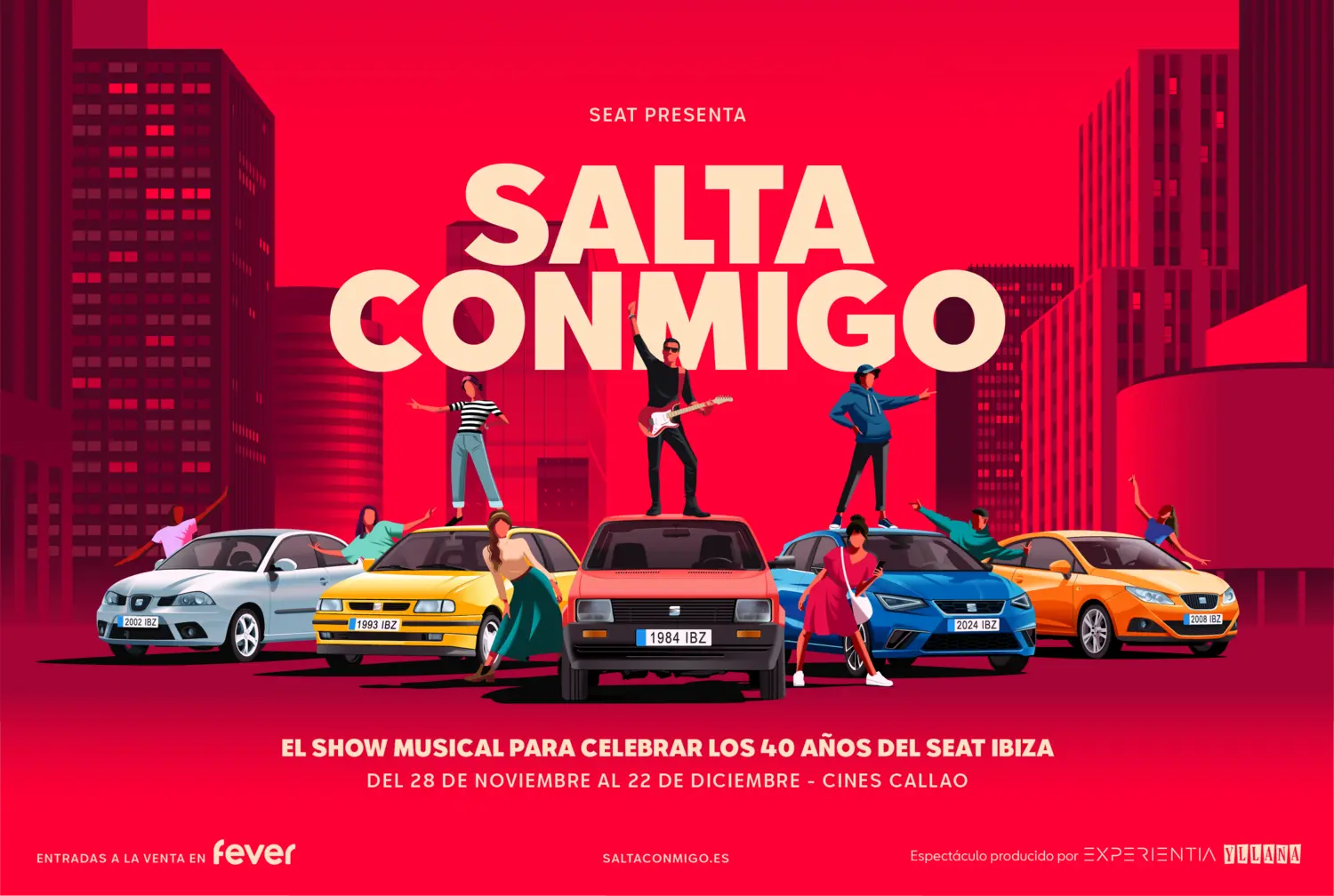 Cartel de Salta Conmigo, un fondo rojo vibrante con una fila de coches Seat Ibiza coloridos y unas personas encima del coche con instrumentos musicales