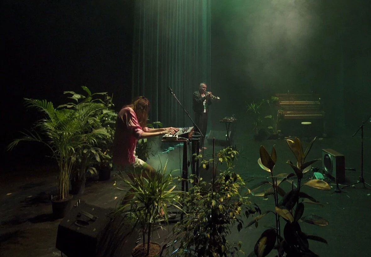 resentación en vivo de dos músicos en un escenario con iluminación verde, rodeados de plantas y humo, tocando teclado y trompeta, creando un ambiente místico y natural.