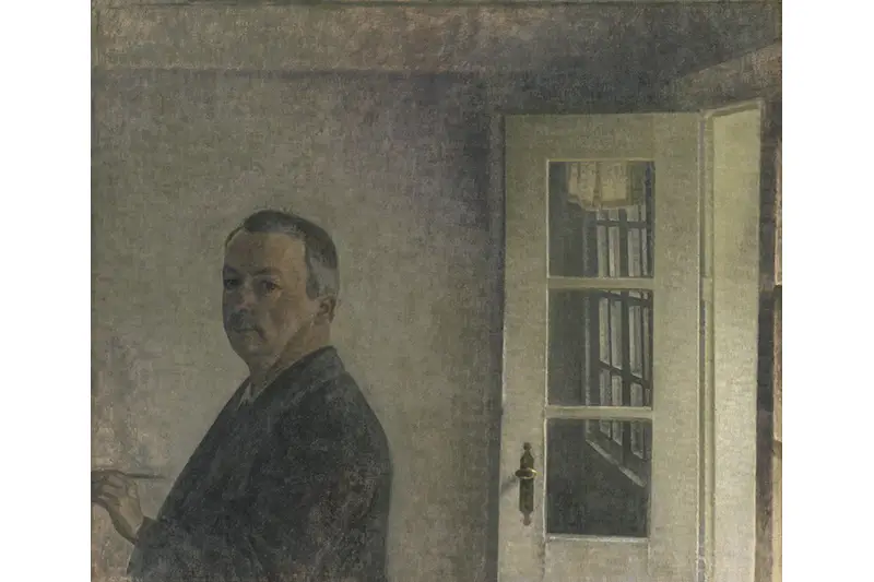 Vilhelm Hammershøi. Autorretrato. La casa de campo Spurveskjul en Sorgenfri, al norte de Copenhague, 1911. Óleo sobre lienzo, 126 × 149,5 cm. SMK, National Gallery of Denmark, Copenhague. Statens Museum for Kunst