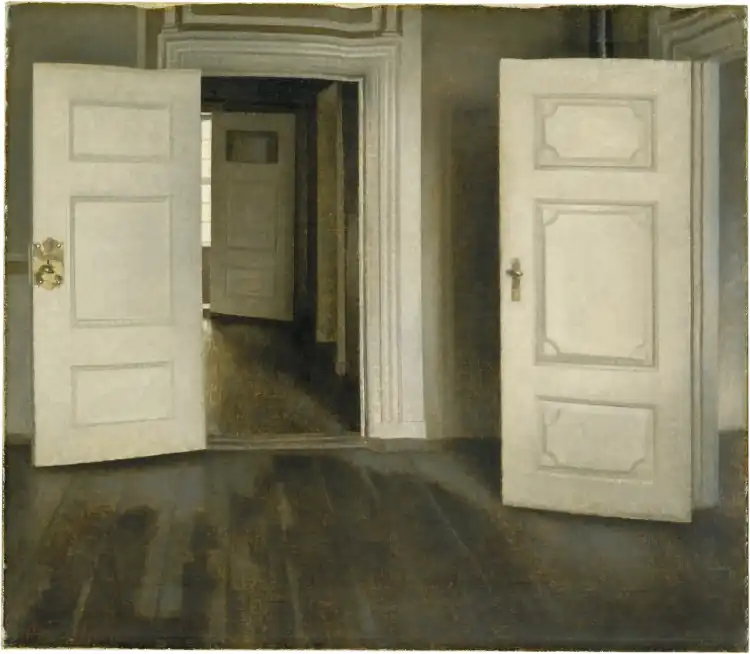Vilhelm Hammershøi 
Puertas abiertas, 1905 
Óleo sobre lienzo, 52 × 60 cm. The David Collection, Copenhague. Foto: © The David Collection 