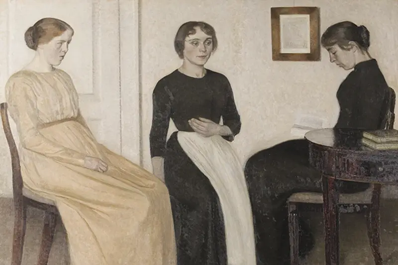 Vilhelm Hammershøi. Tres mujeres jóvenes, 1895. Óleo sobre lienzo, 128 × 167 cm. Ribe Art Museum, Ribe. © Ribe Art Museum